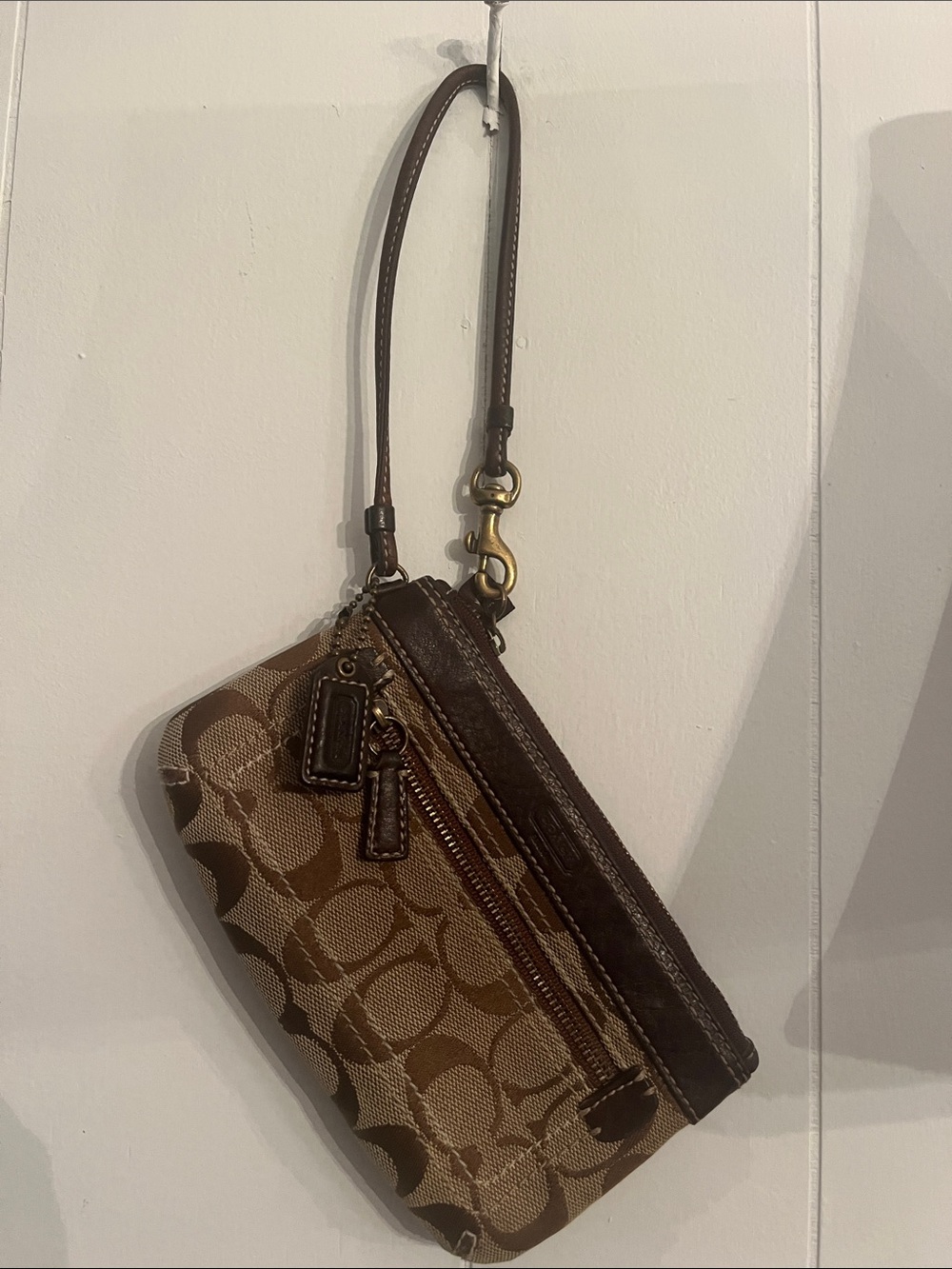 Coach Brown Signature Canvas Wristlet with Dark Brown Leather Trim